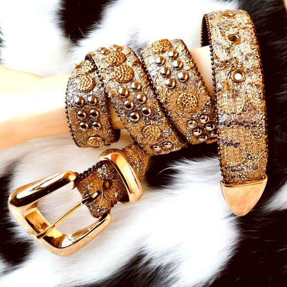 The Icing Viintage Belt Gold Crystal Belt Silver Studs Clear Rhinestones M - L main image 4